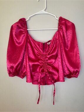 Vine & Love Fuchsia Pink Satin Leopard Ruched Crop Top Medium